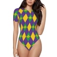 thumbnail image 1 of KLL Women 's Crew Neck Bodysuit Jumpsuits Mardi Gras Print Short onesies Stretch T Shirts, 1 of 7