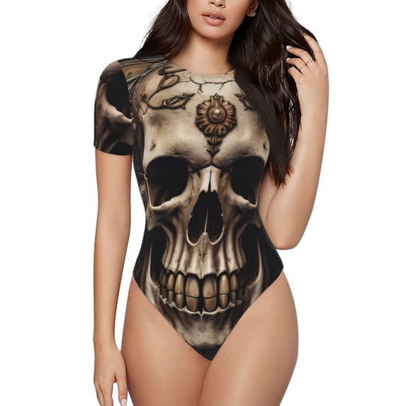 KLL Women 's Crew Neck Bodysuit Jumpsuits Metal Style Horned Skull Print Short onesies Stretch T Shirts