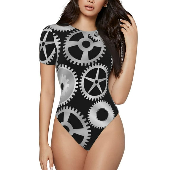 KLL Women 's Crew Neck Bodysuit Jumpsuits Metallic Gears Print Short onesies Stretch T Shirts