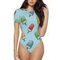 thumbnail image 1 of KLL Women 's Crew Neck Bodysuit Jumpsuits Modern Ice Cream Print Short onesies Stretch T Shirts, 1 of 7