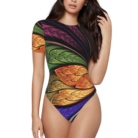 KLL Women 's Crew Neck Bodysuit Jumpsuits Multicolored Beautiful Flower1 Print Short onesies Stretch T Shirts