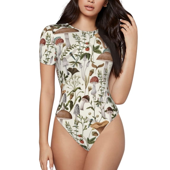 KLL Women 's Crew Neck Bodysuit Jumpsuits Mushroom Garnish Print Short onesies Stretch T Shirts