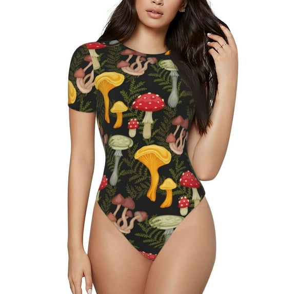 KLL Women 's Crew Neck Bodysuit Jumpsuits Mushrooms And Fern Stems Print Short onesies Stretch T Shirts