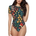 thumbnail image 1 of KLL Women 's Crew Neck Bodysuit Jumpsuits Mushrooms And Flowers Print Short onesies Stretch T Shirts, 1 of 5