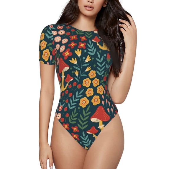 KLL Women 's Crew Neck Bodysuit Jumpsuits Mushrooms And Flowers Print Short onesies Stretch T Shirts