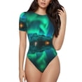 thumbnail image 1 of KLL Women 's Crew Neck Bodysuit Jumpsuits Northern Lights Print Short onesies Stretch T Shirts, 1 of 5