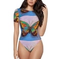 thumbnail image 1 of KLL Women 's Crew Neck Bodysuit Jumpsuits Oil Painting Beautiful Butterfly Print Short onesies Stretch T Shirts, 1 of 7