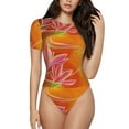 thumbnail image 1 of KLL Women 's Crew Neck Bodysuit Jumpsuits Orange Flower Psychedelic Print Short onesies Stretch T Shirts, 1 of 7