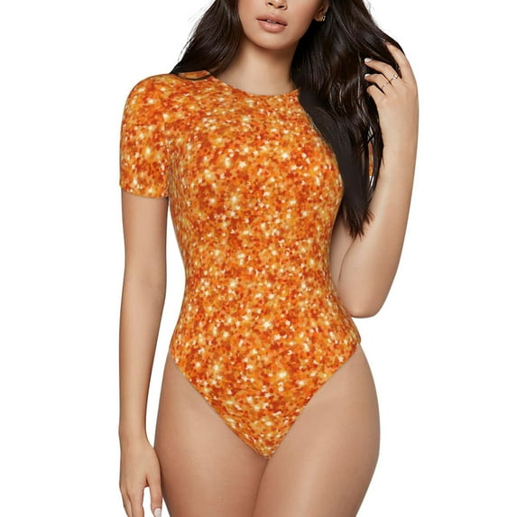 KLL Women 's Crew Neck Bodysuit Jumpsuits Orange Glitter Print Short onesies Stretch T Shirts