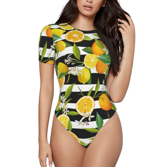 KLL Women 's Crew Neck Bodysuit Jumpsuits Orange and Lemon Print Short onesies Stretch T Shirts