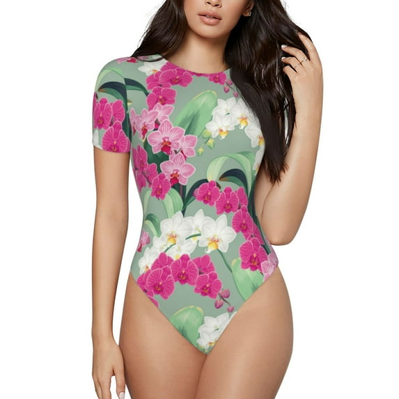 KLL Women 's Crew Neck Bodysuit Jumpsuits Orchids Flowers Print Short onesies Stretch T Shirts