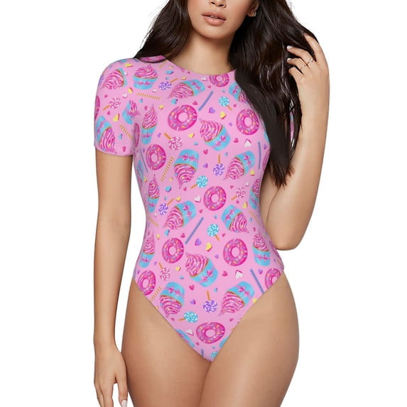 KLL Women 's Crew Neck Bodysuit Jumpsuits Pink Donuts Print Short onesies Stretch T Shirts