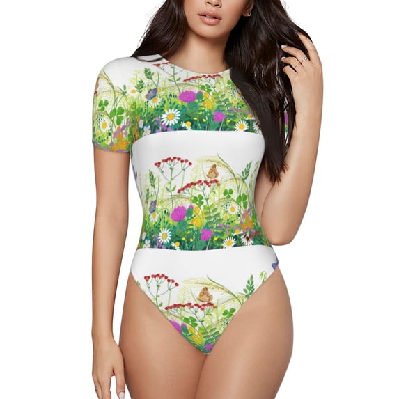 KLL Women 's Crew Neck Bodysuit Jumpsuits Plants and Insects Print Short onesies Stretch T Shirts