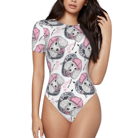 KLL Women 's Crew Neck Bodysuit Jumpsuits Poodle Dog Print Short onesies Stretch T Shirts