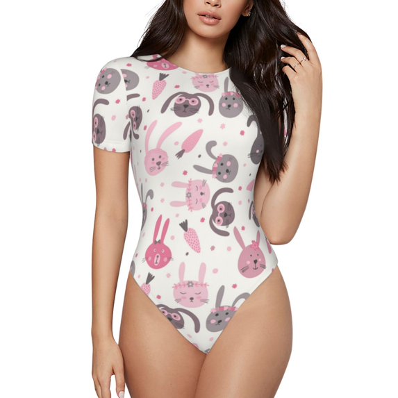KLL Women 's Crew Neck Bodysuit Jumpsuits Rabbit And Carrot Print Short onesies Stretch T Shirts