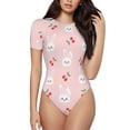 thumbnail image 1 of KLL Women 's Crew Neck Bodysuit Jumpsuits Rabbit And Cherry Print Short onesies Stretch T Shirts, 1 of 7