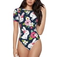 thumbnail image 1 of KLL Women 's Crew Neck Bodysuit Jumpsuits Rabbit And Rose Print Short onesies Stretch T Shirts, 1 of 7