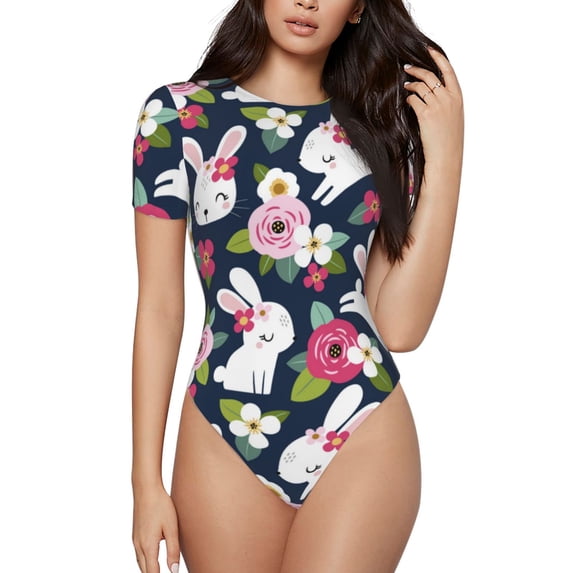 KLL Women 's Crew Neck Bodysuit Jumpsuits Rabbit And Rose Print Short onesies Stretch T Shirts