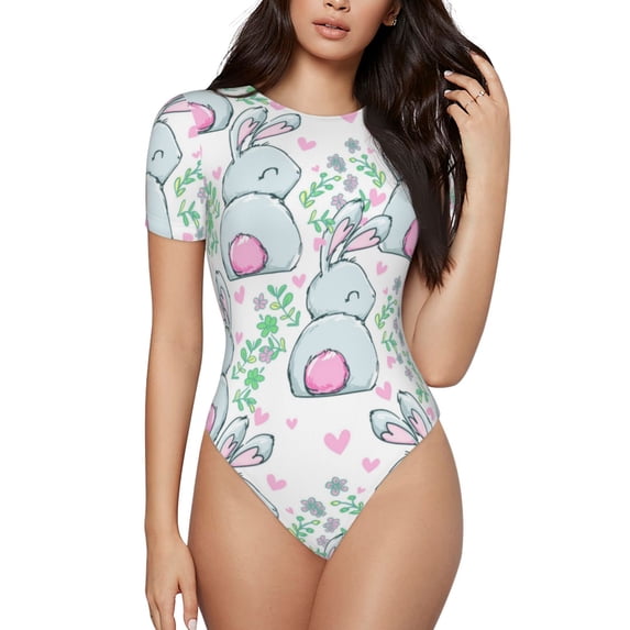 KLL Women 's Crew Neck Bodysuit Jumpsuits Rabbit Back View Print Short onesies Stretch T Shirts