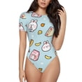 thumbnail image 1 of KLL Women 's Crew Neck Bodysuit Jumpsuits Rabbit Burger Coffee Print Short onesies Stretch T Shirts, 1 of 7