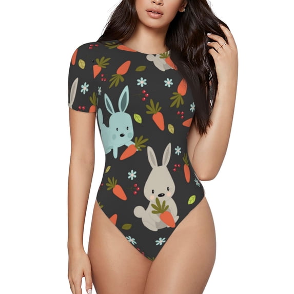 KLL Women 's Crew Neck Bodysuit Jumpsuits Rabbit Is Eating Carrots Print Short onesies Stretch T Shirts