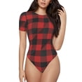 thumbnail image 1 of KLL Women 's Crew Neck Bodysuit Jumpsuits Red Black Plaid Print Short onesies Stretch T Shirts, 1 of 1