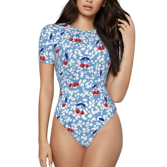 KLL Women 's Crew Neck Bodysuit Jumpsuits Red Cherries Print Short onesies Stretch T Shirts