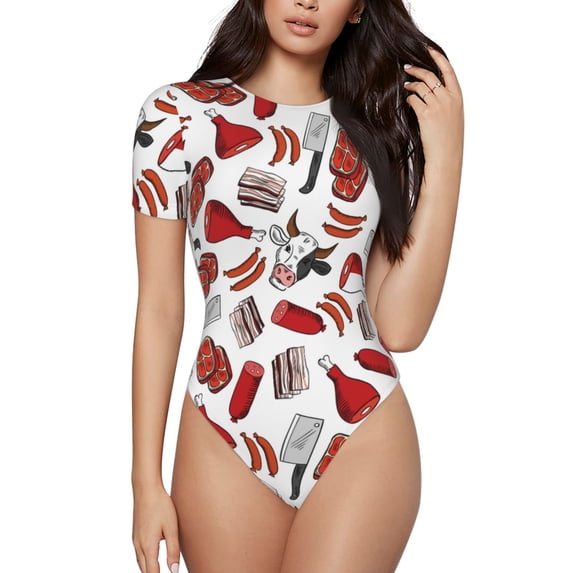 KLL Women 's Crew Neck Bodysuit Jumpsuits Red Food Print Short onesies Stretch T Shirts