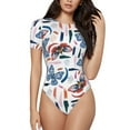 thumbnail image 1 of KLL Women 's Crew Neck Bodysuit Jumpsuits Retro Butterfly Print Short onesies Stretch T Shirts, 1 of 7