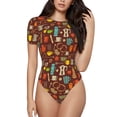 thumbnail image 1 of KLL Women 's Crew Neck Bodysuit Jumpsuits Retro Coffee Print Short onesies Stretch T Shirts, 1 of 7