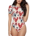 thumbnail image 1 of KLL Women 's Crew Neck Bodysuit Jumpsuits Roosters Print Short onesies Stretch T Shirts, 1 of 7