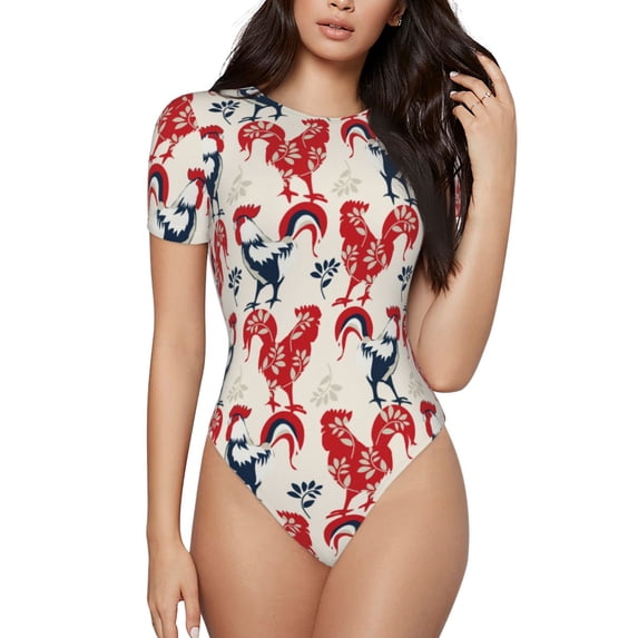 KLL Women 's Crew Neck Bodysuit Jumpsuits Roosters Print Short onesies Stretch T Shirts