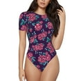 thumbnail image 1 of KLL Women 's Crew Neck Bodysuit Jumpsuits Rose Flowers Print Short onesies Stretch T Shirts, 1 of 7