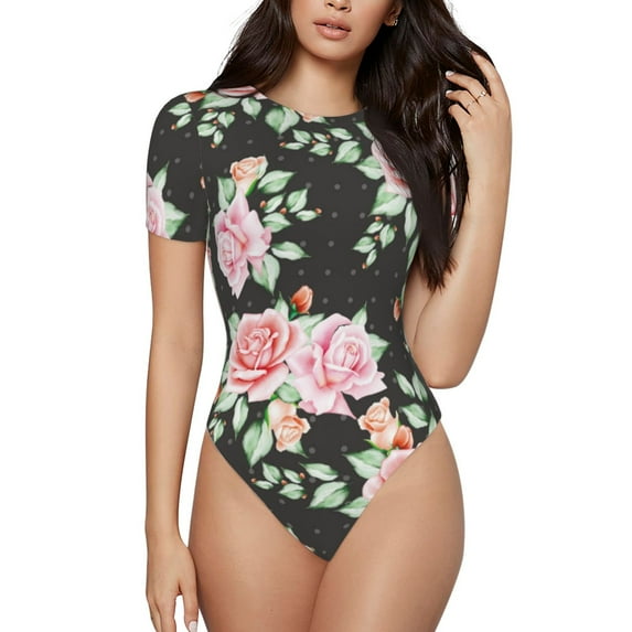 KLL Women 's Crew Neck Bodysuit Jumpsuits Rose Flowers Print Short onesies Stretch T Shirts