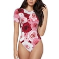 thumbnail image 1 of KLL Women 's Crew Neck Bodysuit Jumpsuits Rose Print Short onesies Stretch T Shirts, 1 of 7