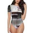thumbnail image 1 of KLL Women 's Crew Neck Bodysuit Jumpsuits Rustic Door Handle Closeup Print Short onesies Stretch T Shirts, 1 of 5