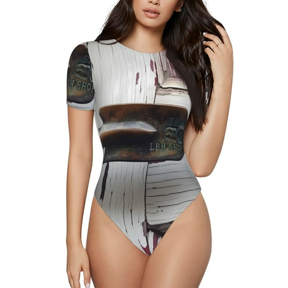 KLL Women 's Crew Neck Bodysuit Jumpsuits Rustic Door Handle Closeup Print Short onesies Stretch T Shirts