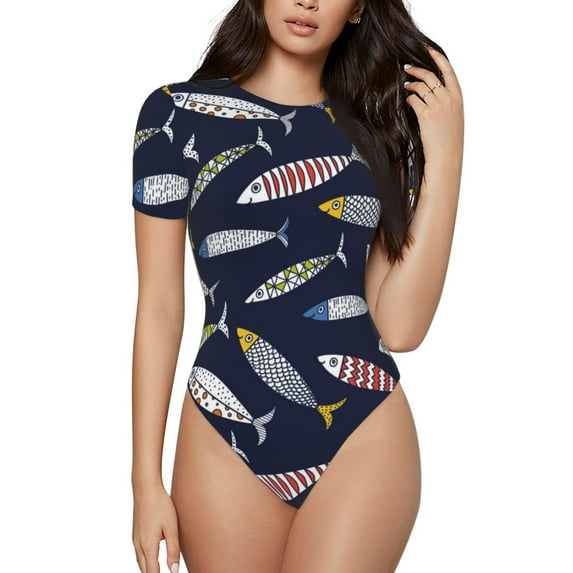 KLL Women 's Crew Neck Bodysuit Jumpsuits Sardine Print Short onesies Stretch T Shirts