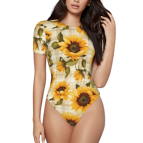 KLL Women 's Crew Neck Bodysuit Jumpsuits Scottish Plaid Sunflower Print Short onesies Stretch T Shirts