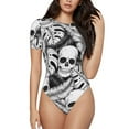 thumbnail image 1 of KLL Women 's Crew Neck Bodysuit Jumpsuits Skull and palm leaves Print Short onesies Stretch T Shirts, 1 of 7