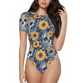 thumbnail image 1 of KLL Women 's Crew Neck Bodysuit Jumpsuits Skull daisy yellow blue Print Short onesies Stretch T Shirts, 1 of 5