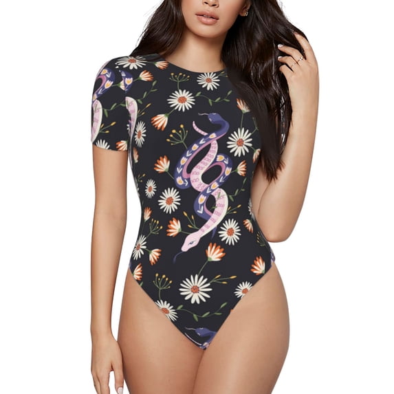 KLL Women 's Crew Neck Bodysuit Jumpsuits Snake And Floral1 Print Short onesies Stretch T Shirts