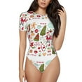 thumbnail image 1 of KLL Women 's Crew Neck Bodysuit Jumpsuits Snowflakes Santa Claus Print Short onesies Stretch T Shirts, 1 of 7