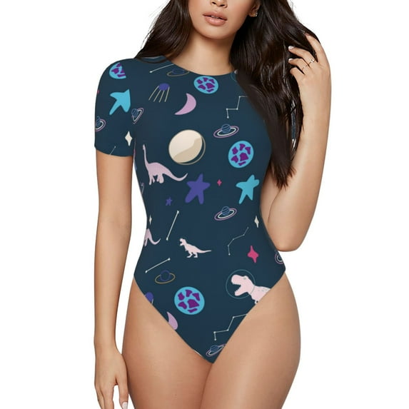 KLL Women 's Crew Neck Bodysuit Jumpsuits Space Dinosaur Print Short onesies Stretch T Shirts