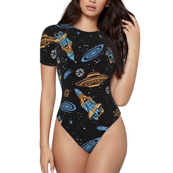 KLL Women 's Crew Neck Bodysuit Jumpsuits Space Rockets Print Short onesies Stretch T Shirts