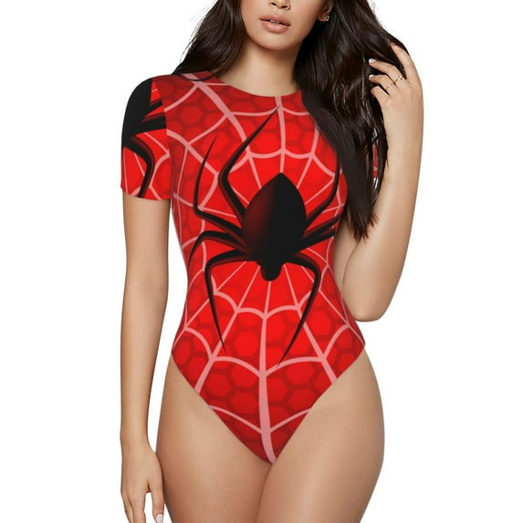 KLL Women 's Crew Neck Bodysuit Jumpsuits Spider Web1 Print Short onesies Stretch T Shirts