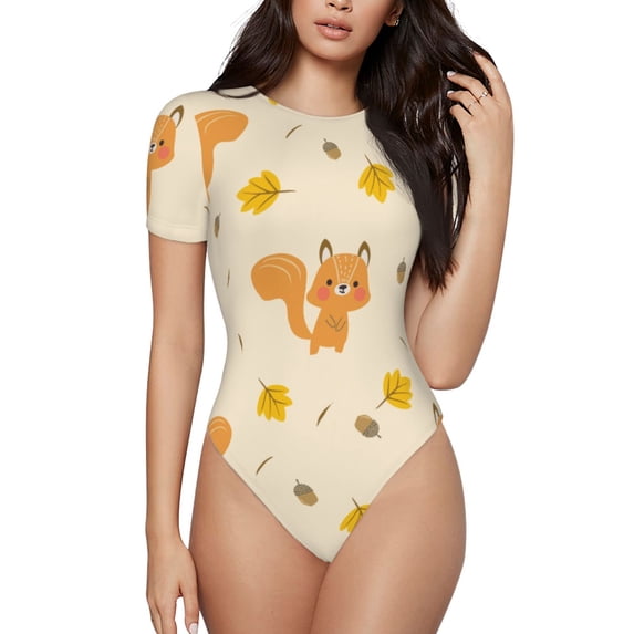 KLL Women 's Crew Neck Bodysuit Jumpsuits Squirrel And Leaves Print Short onesies Stretch T Shirts