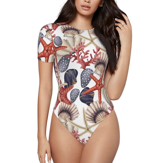 KLL Women 's Crew Neck Bodysuit Jumpsuits Starfish Shell Print Short onesies Stretch T Shirts