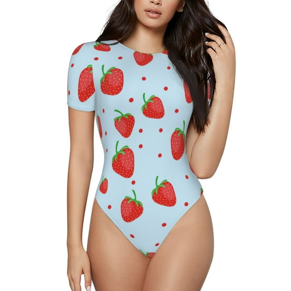 KLL Women 's Crew Neck Bodysuit Jumpsuits Strawberry Print Short onesies Stretch T Shirts