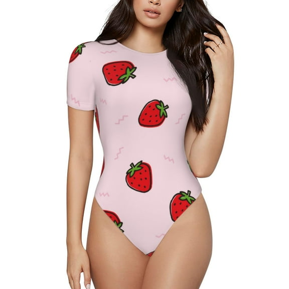 KLL Women 's Crew Neck Bodysuit Jumpsuits Strawberry Print Short onesies Stretch T Shirts